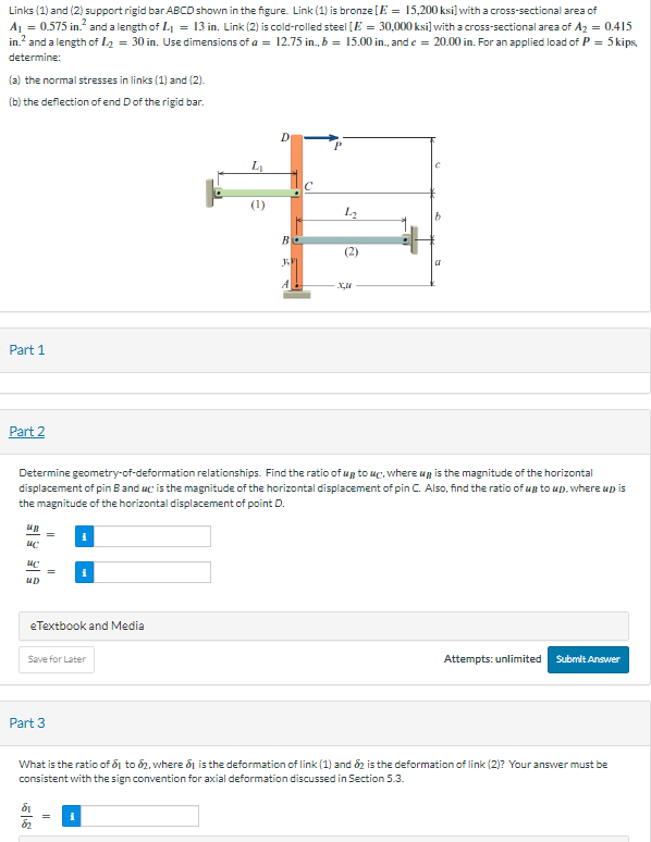 Links ( 1 ) and ( 2 ) support rigid bar ABCD