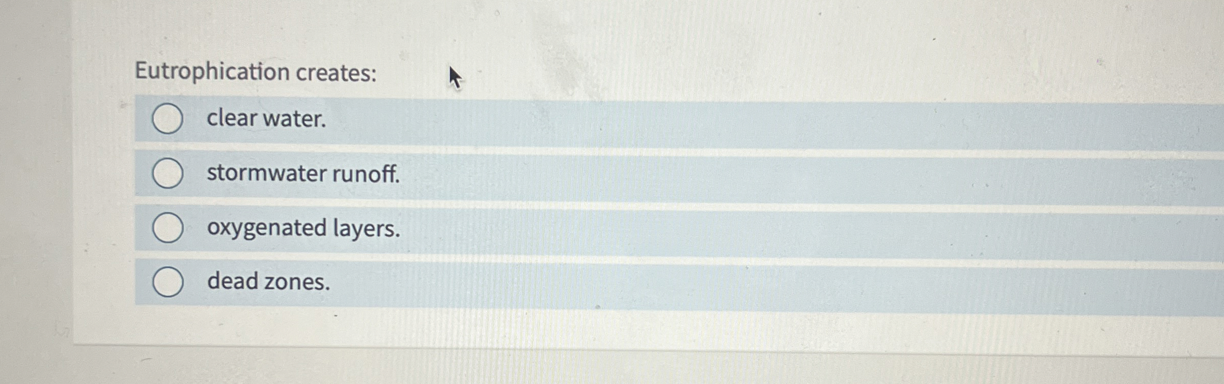 Eutrophication creates: clear water. stormwater