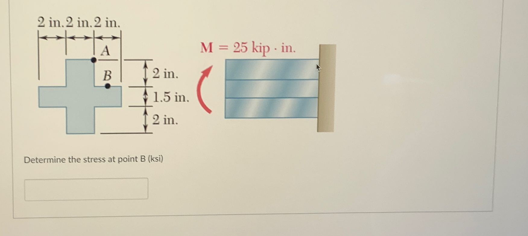Determine the stress at point B ( ksi )