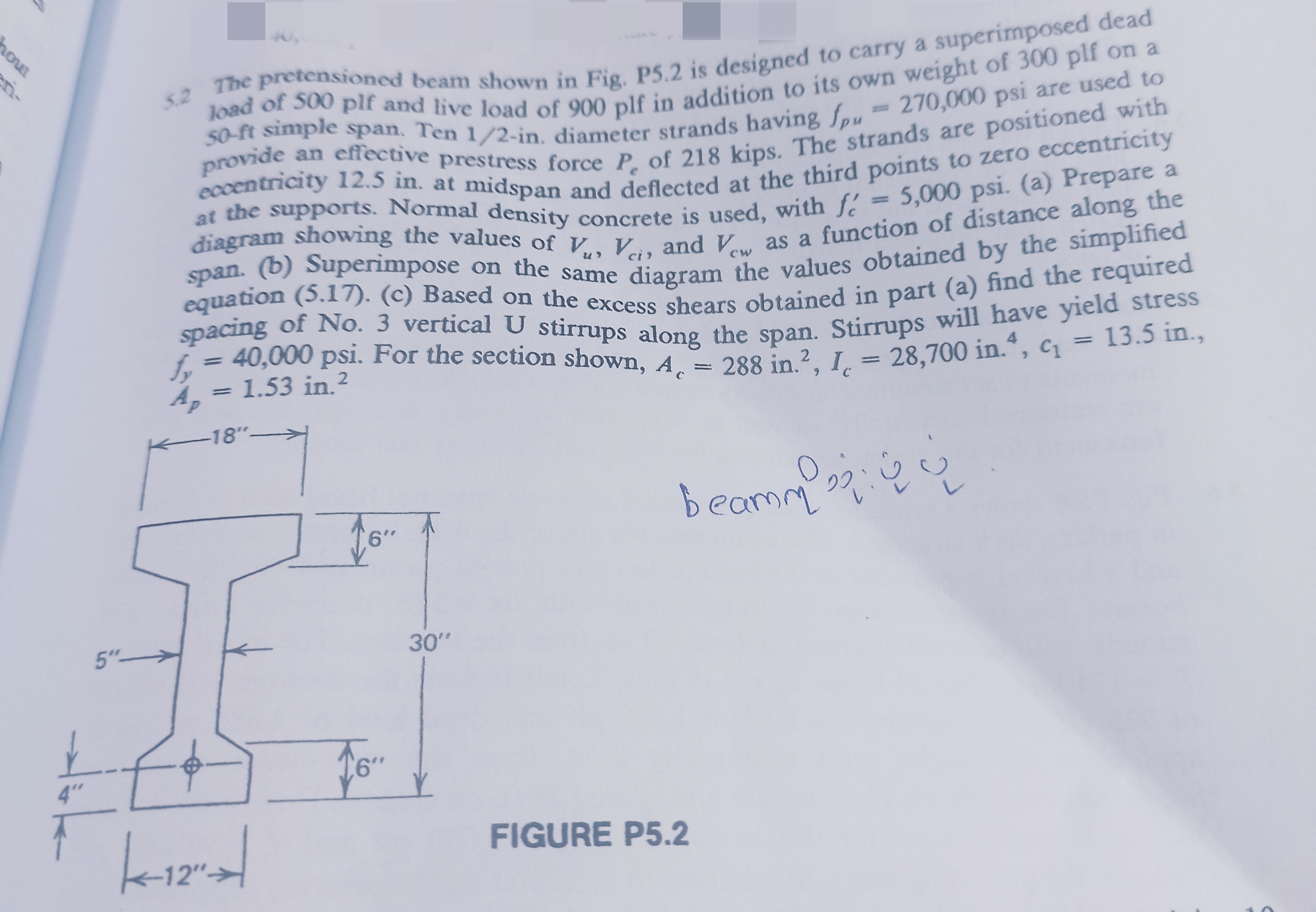 5 . 2 The pretensioned beam shown in Fig. P 5 . 2