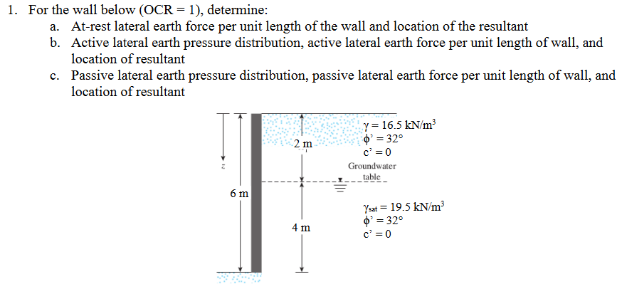 For the wall below ( O C R = 1 ) , determine: a .