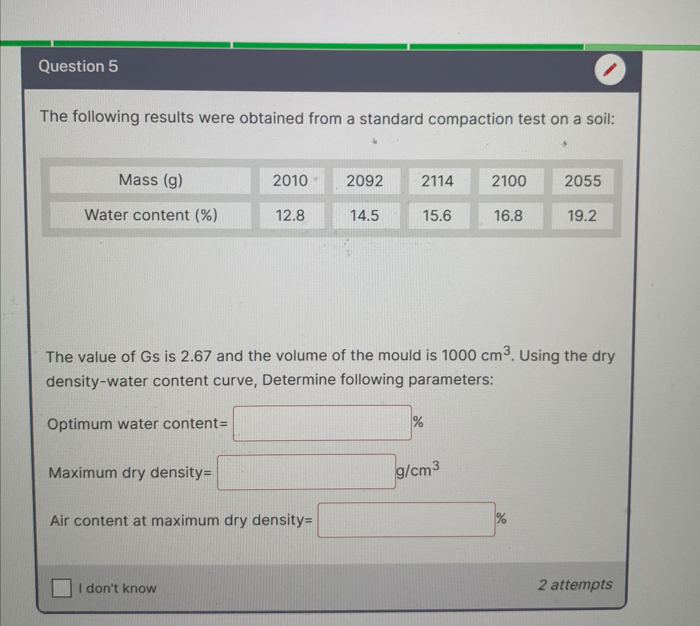 Question 5 The following results were obtained