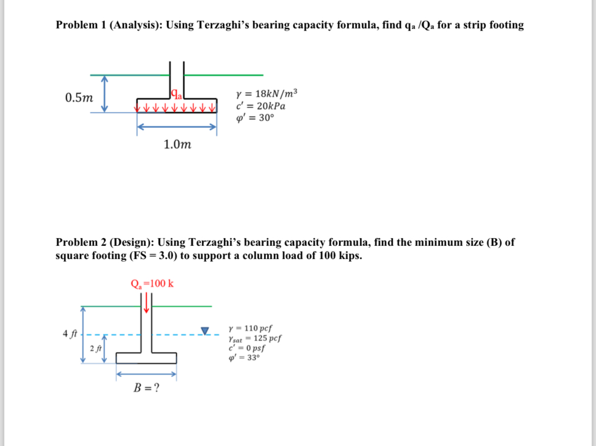 Problem 1 ( Analysis ) : Using Terzaghi's bearing