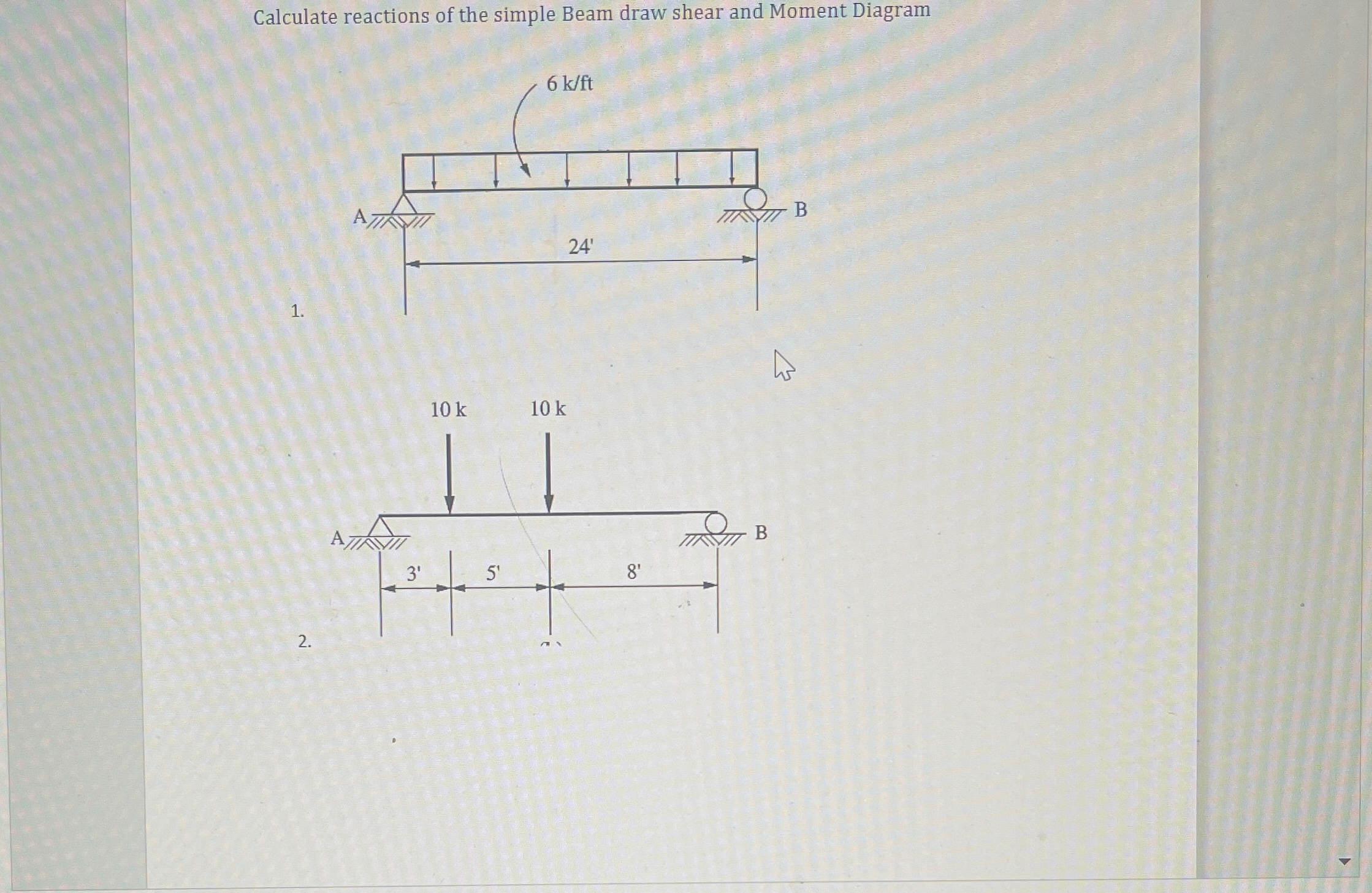 Calculate reactions of the simple Beam draw shear