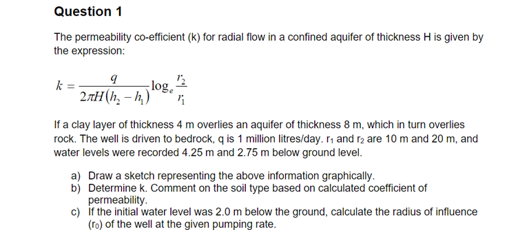 Question 1 The permeability co - efficient ( k )