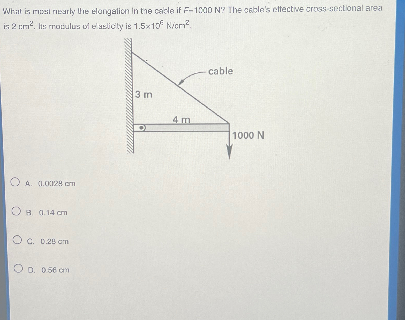 What is most nearly the elongation in the cable