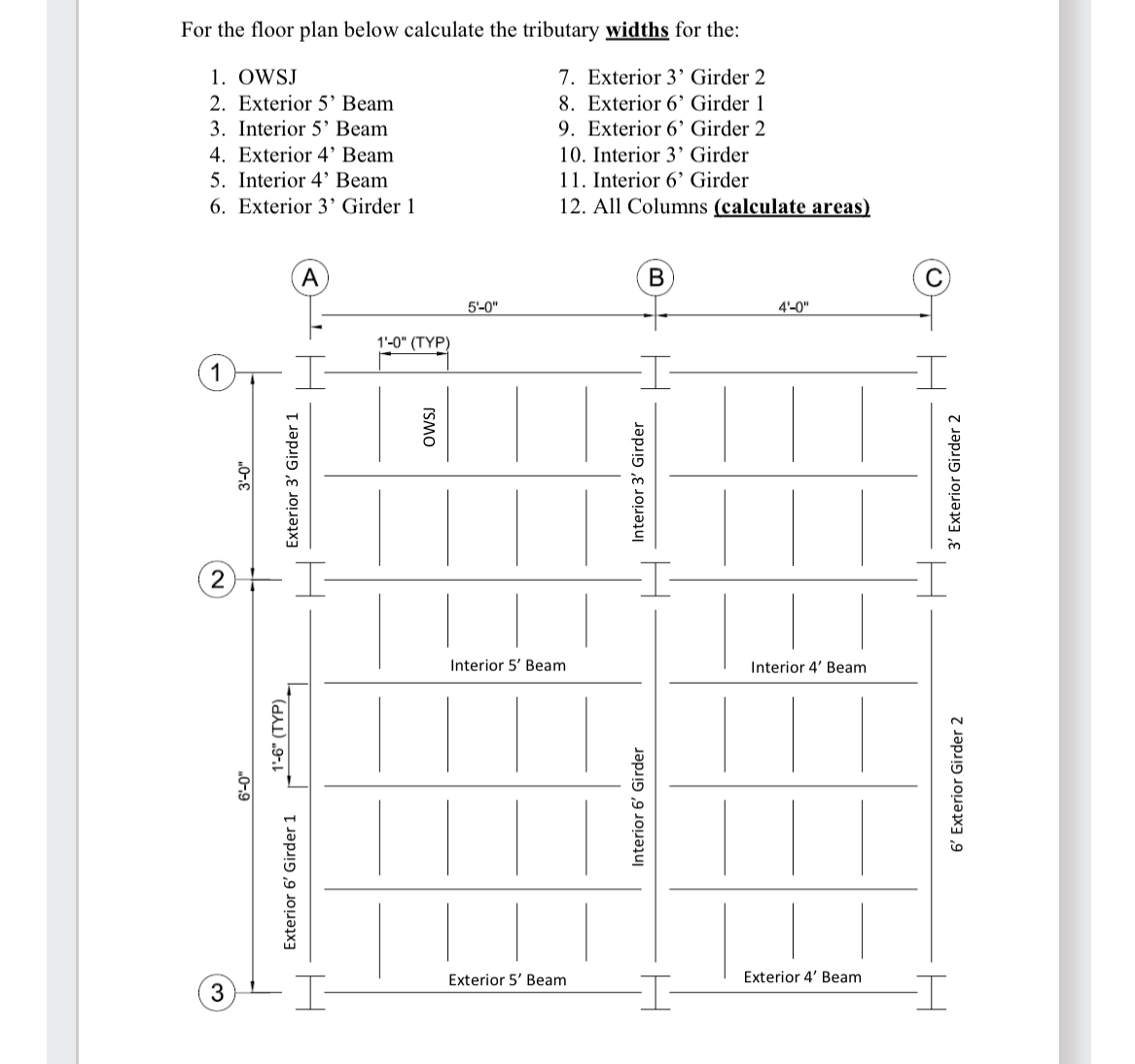 For the floor plan below calculate the tributary
