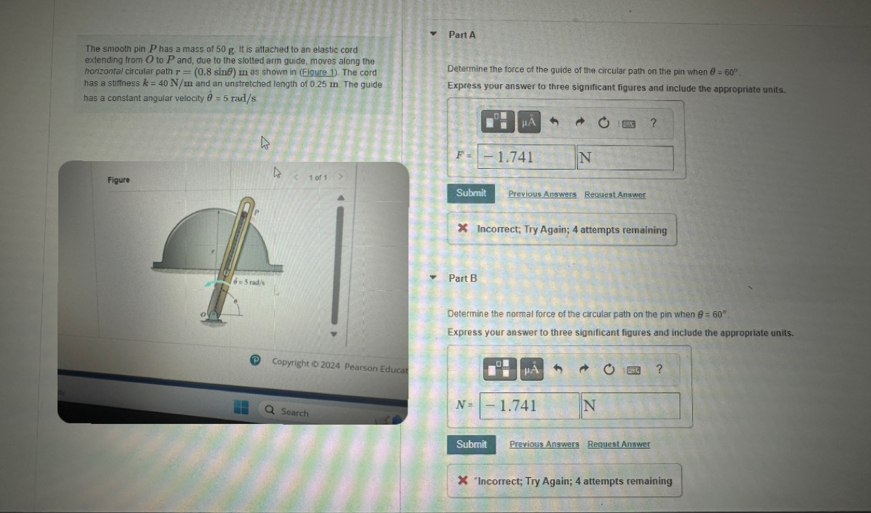 The smooth pin P has a mass of 5 0 g . It is