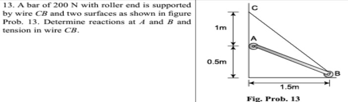 A bar of 2 0 0 N with roller end is supported by