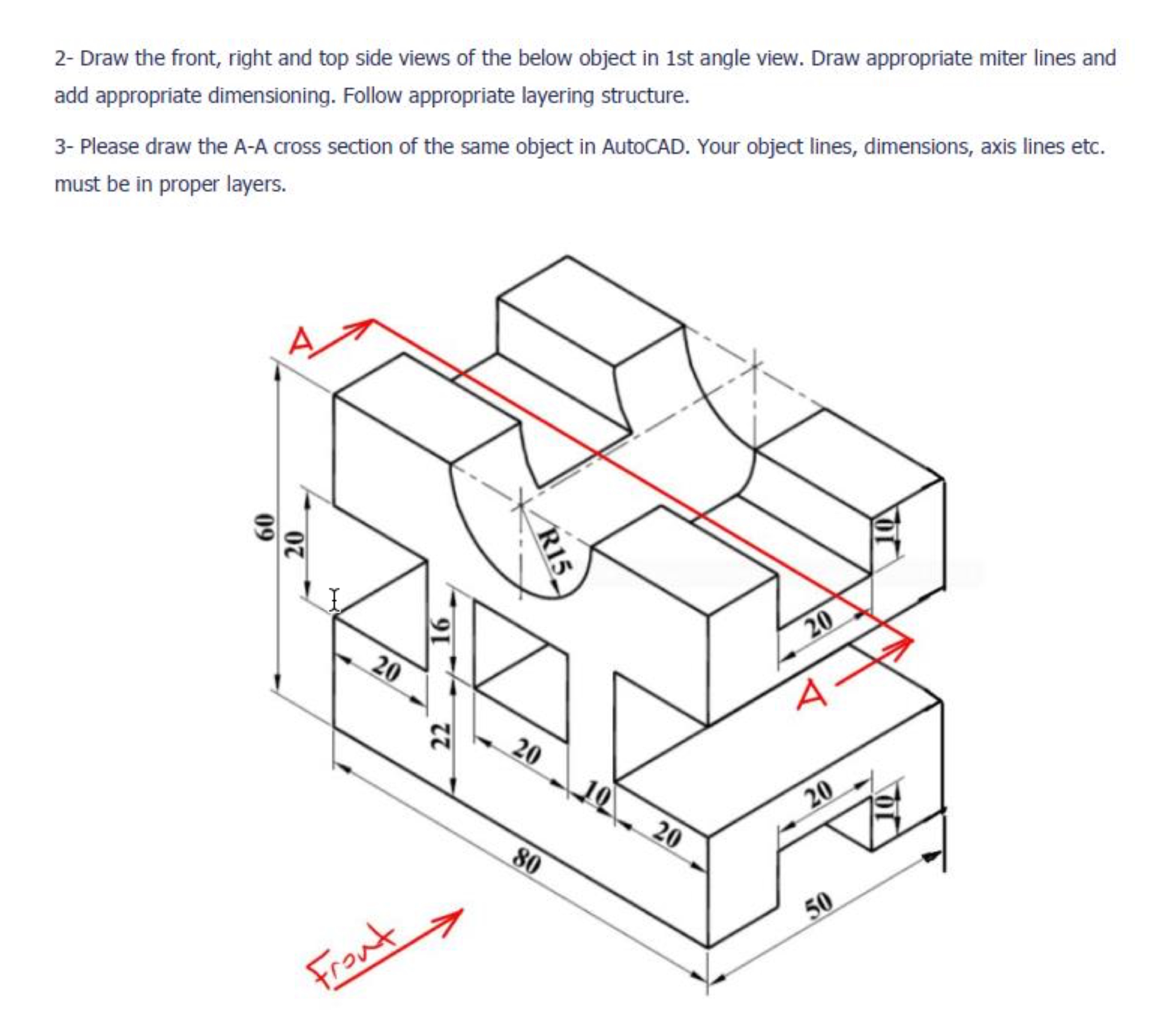 2 - Draw the front, right and top side views of