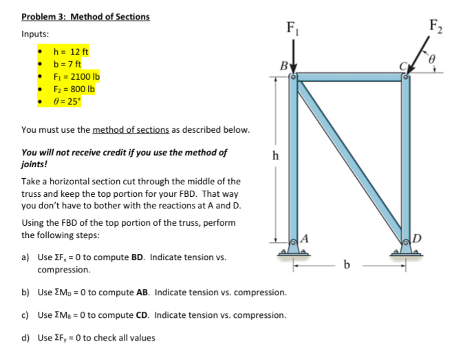 Problem 3 : Method of Sections Inputs: h = 1 2 f