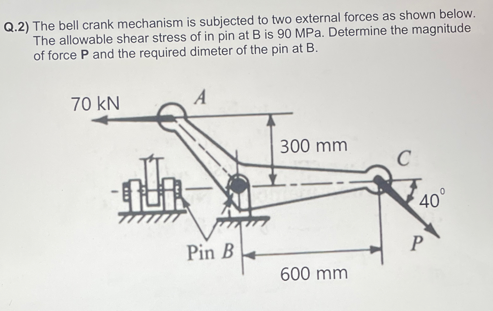Q . 2 ) The bell crank mechanism is subjected to