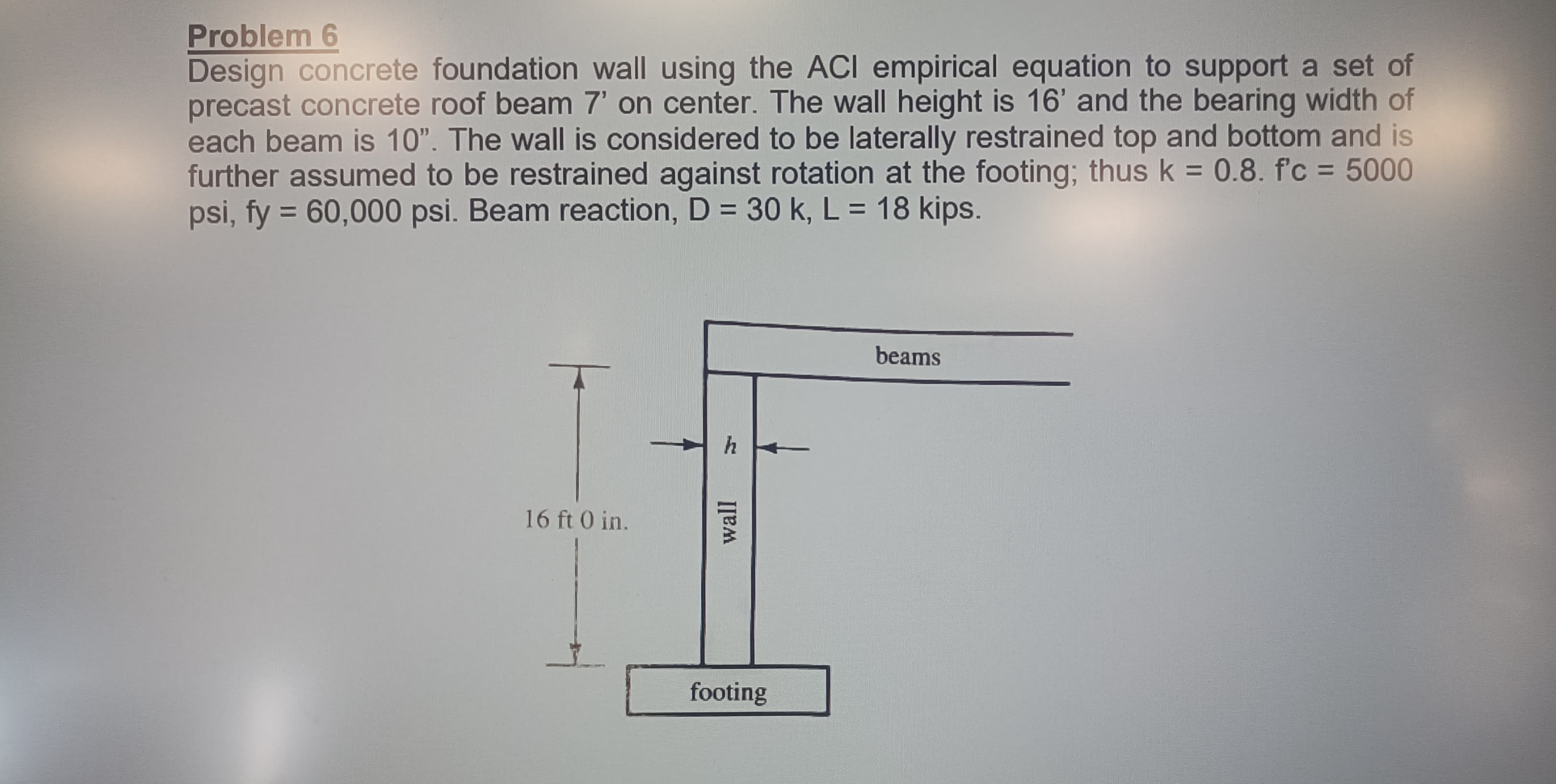 Problem 6 Design concrete foundation wall using