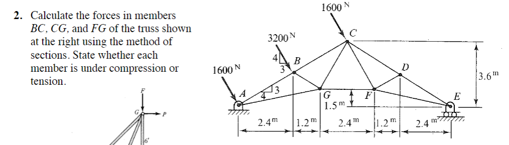 Calculate the forces in members B C , C G , and F