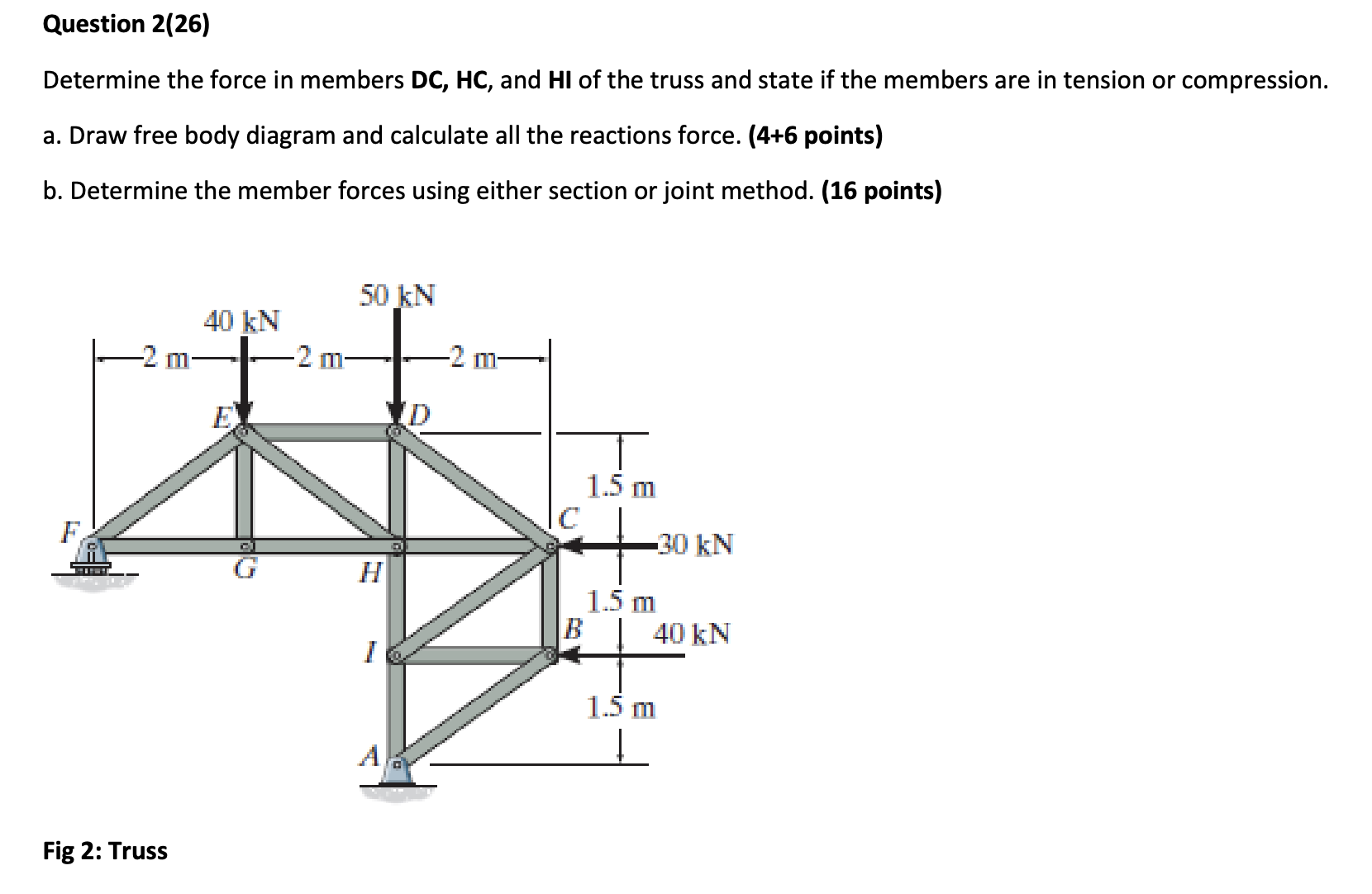 Question 2 ( 2 6 ) Determine the force in members