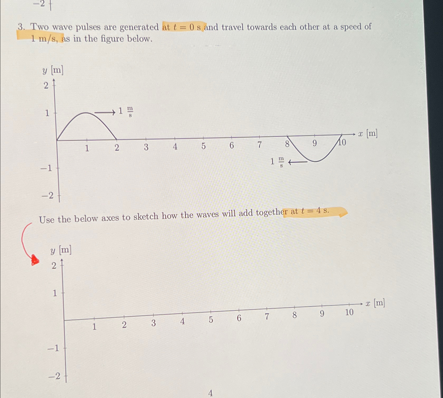 Two wave pulses are generated at t = 0 s and