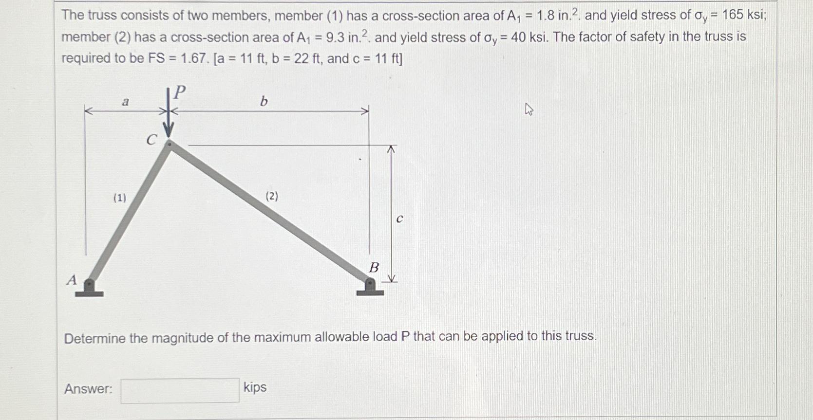The truss consists of two members, member ( 1 )