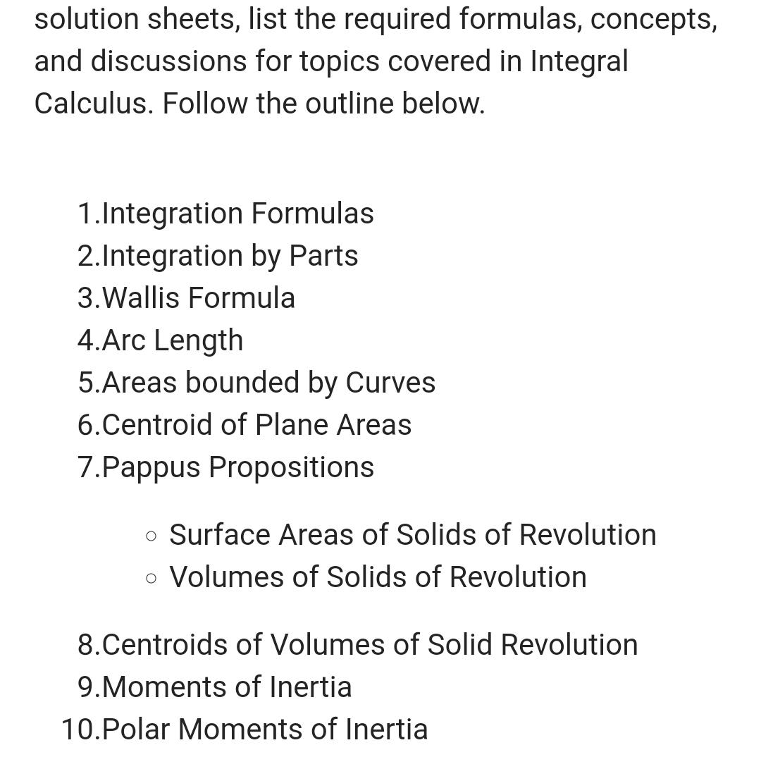 list the required formulas, concepts, and