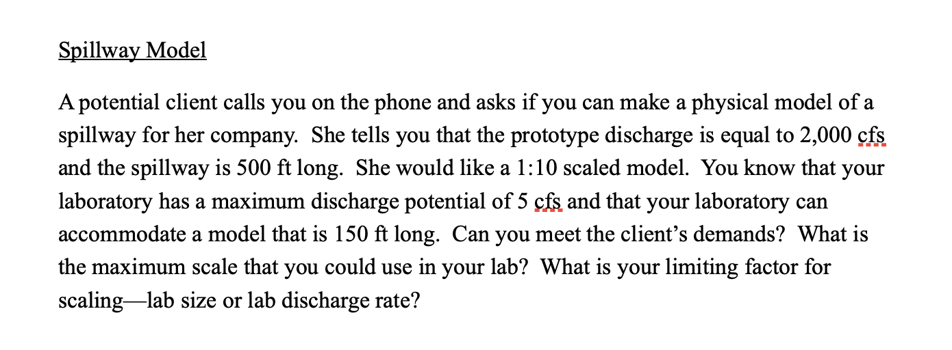 Spillway Model A potential client calls you on