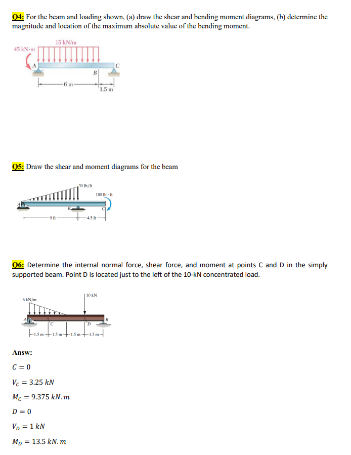 O 4 : For the beam and loading shown, ( a ) draw