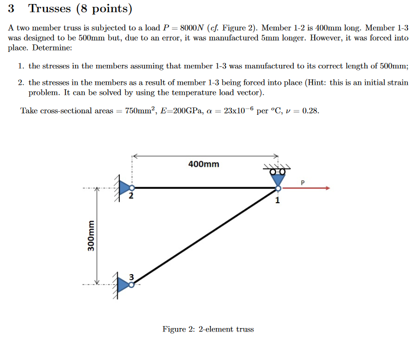 FEM: 3 Trusses A two member truss is subjected to
