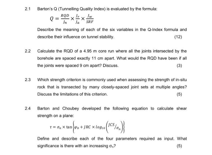 2 . 1 Barton's Q ( Tunnelling Quality Index ) is
