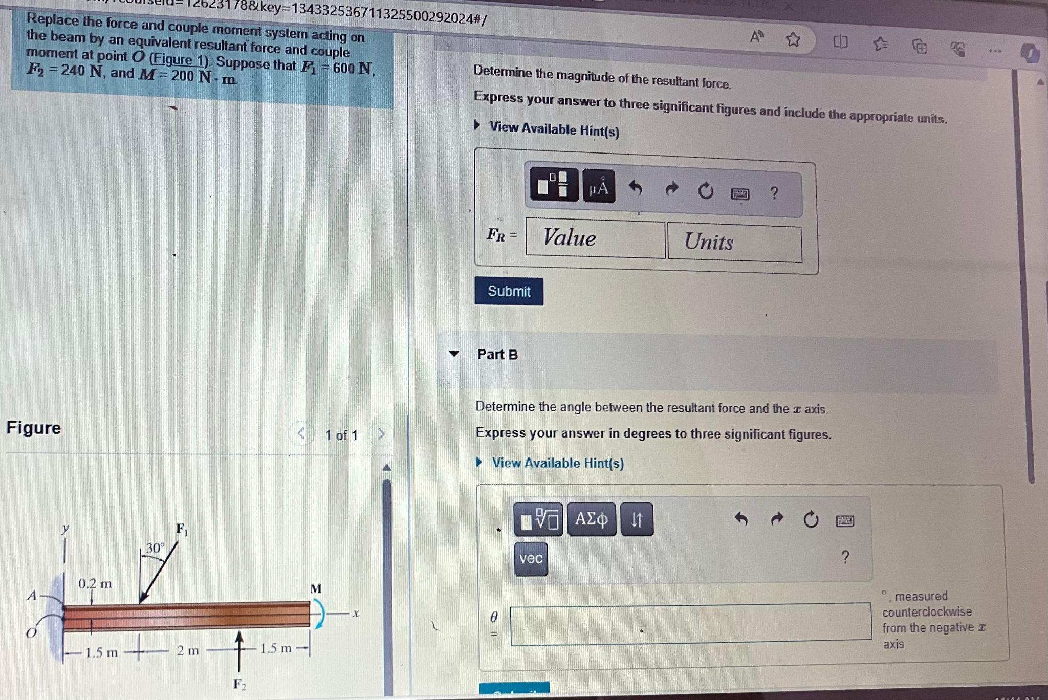 Replace the force and couple momen the beam by an