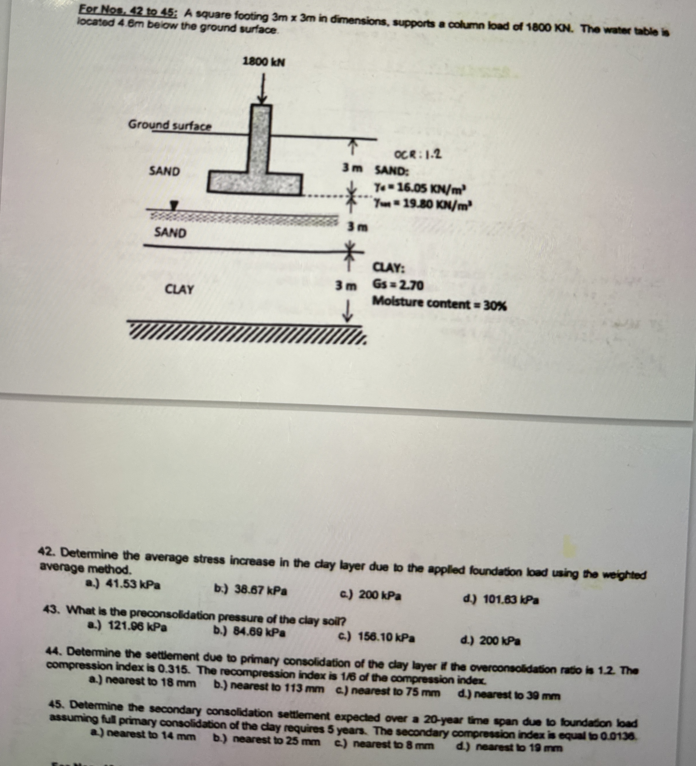 For Nos, 4 2 to 4 5 ; A square footing 3 m 3 m in