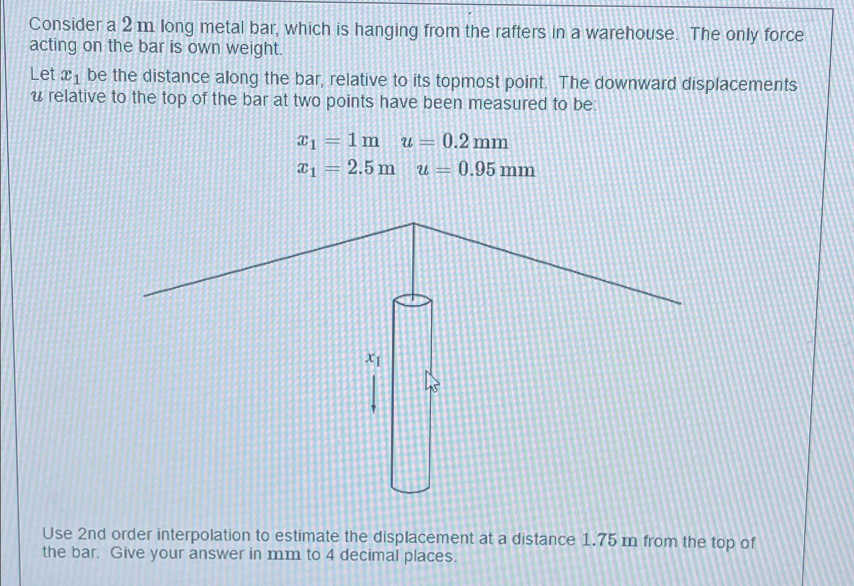 Consider a 2 m long metal bar, which is hanging