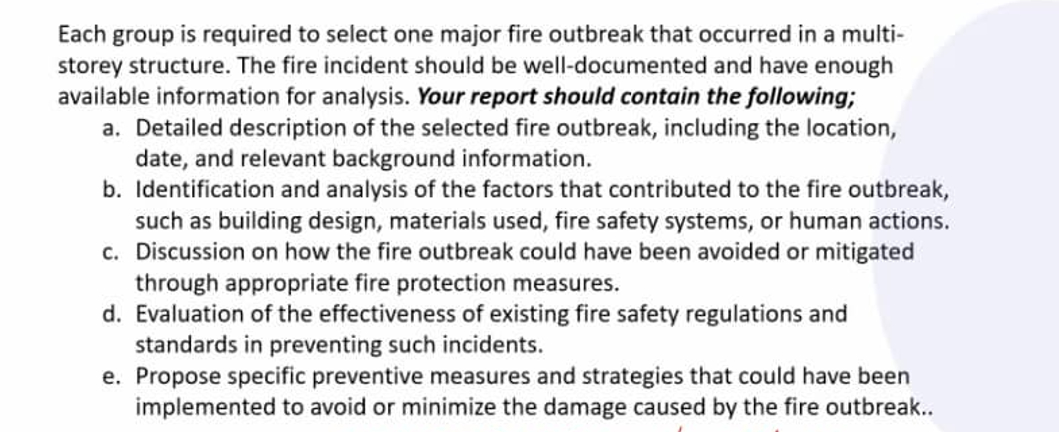 Select one major fire outbreak that occurred in a