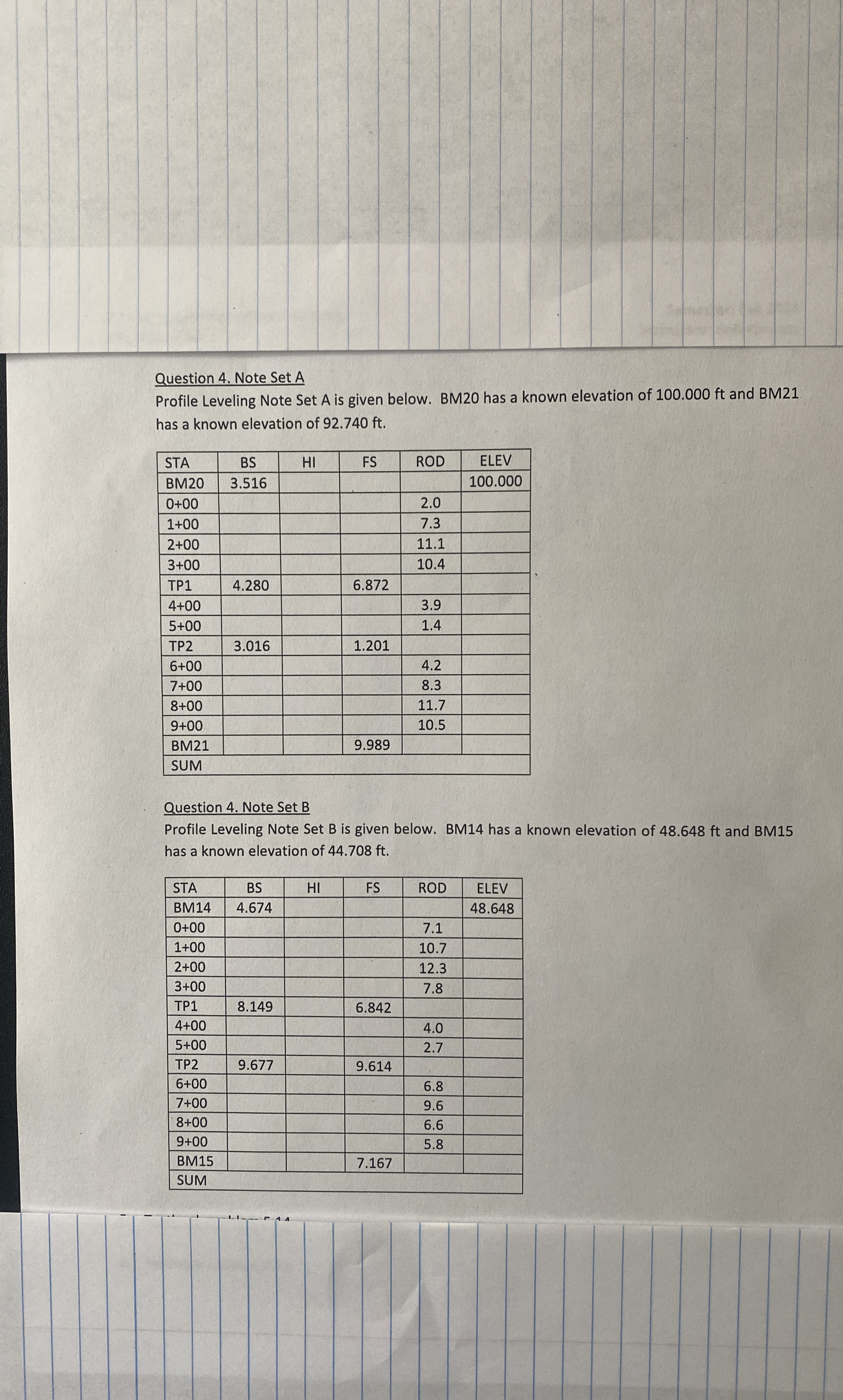 Question 4 . Note Set A Profile Leveling Note Set