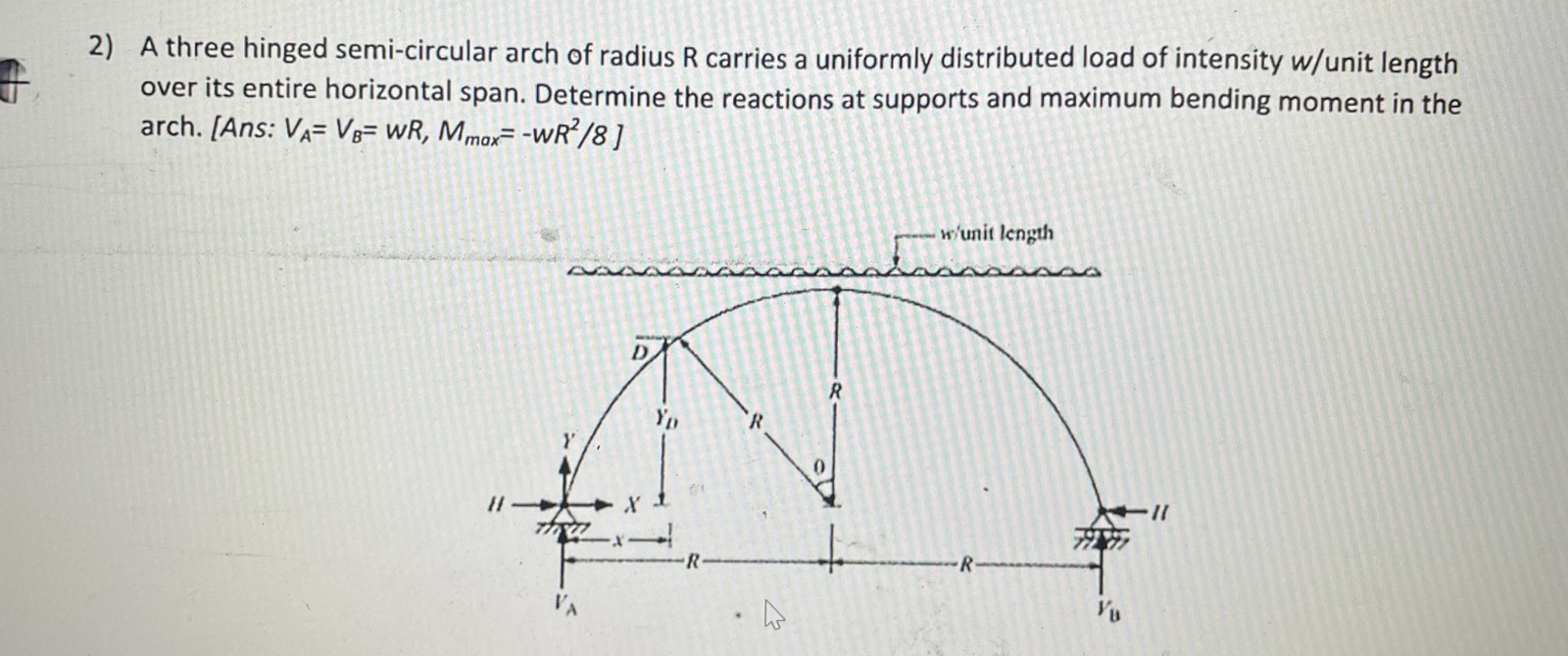 A three hinged semi - circular arch of radius R