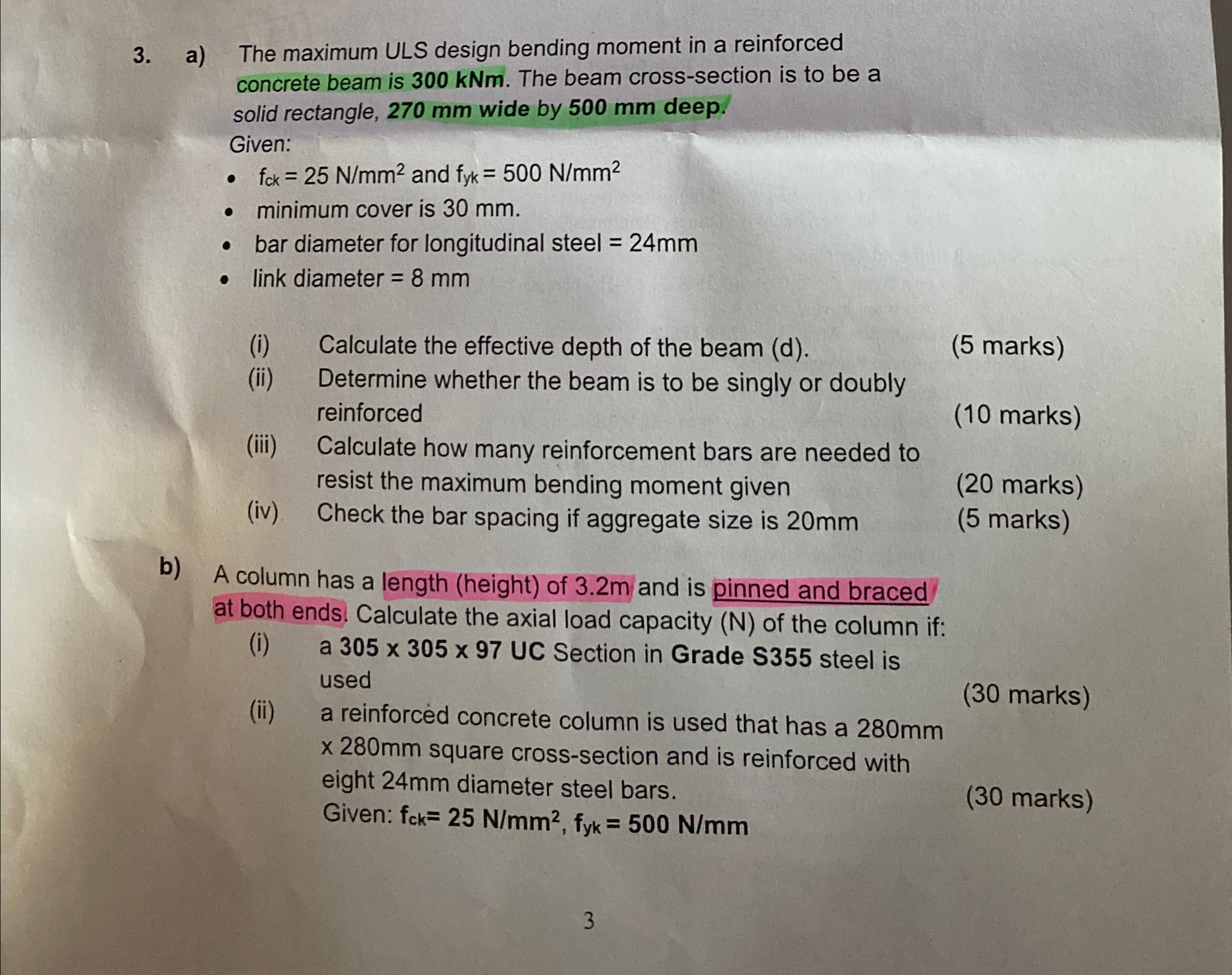 a ) The maximum ULS design bending moment in a