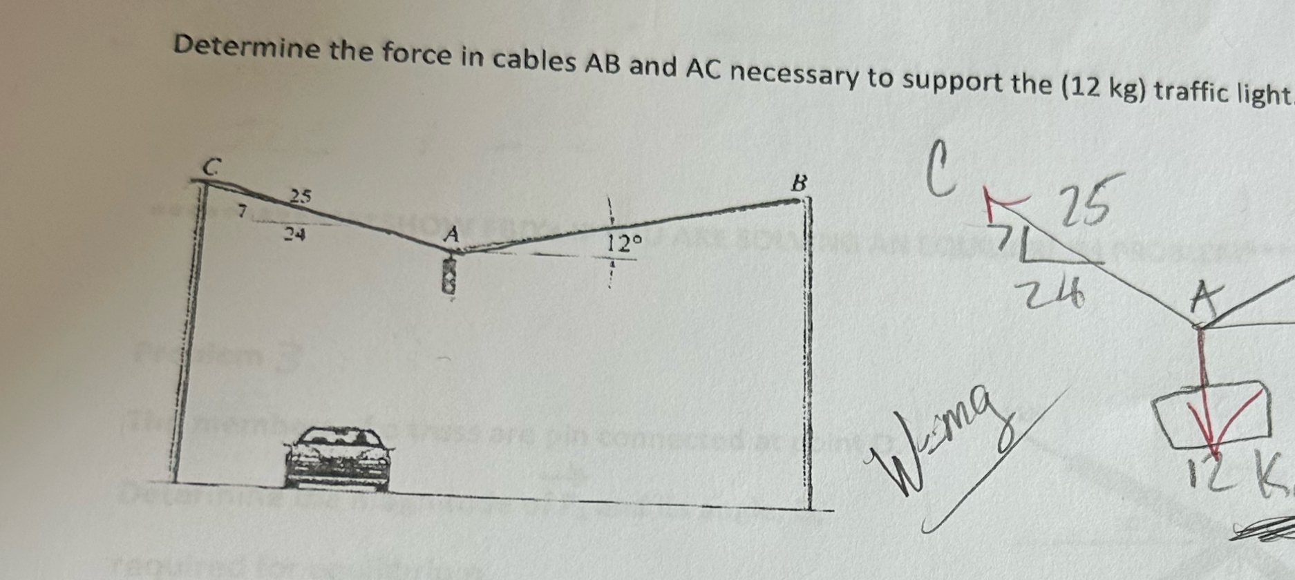 Determine the force in cables A B and A C
