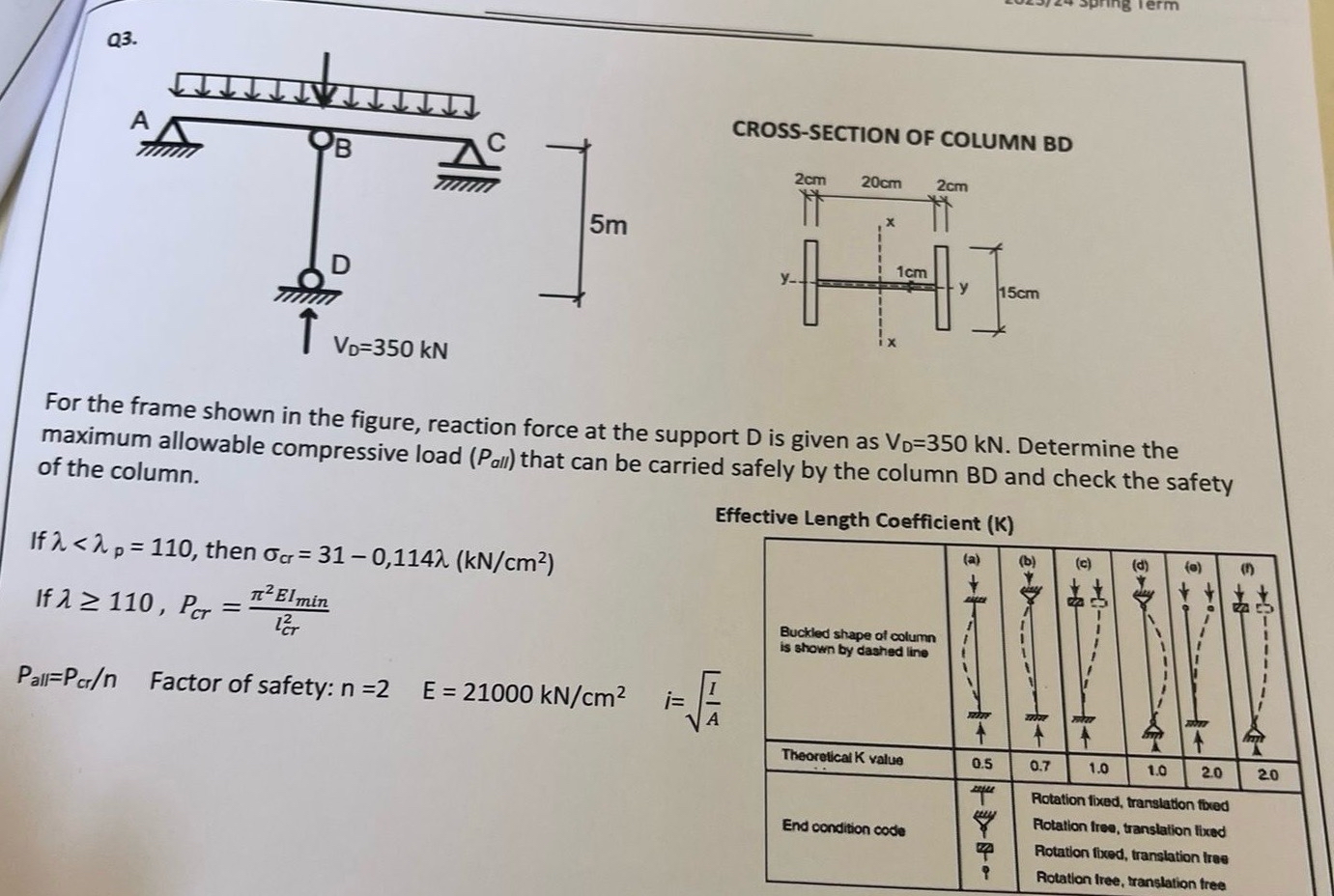 CROSS - SECTION OF COLUMN BD For the frame shown