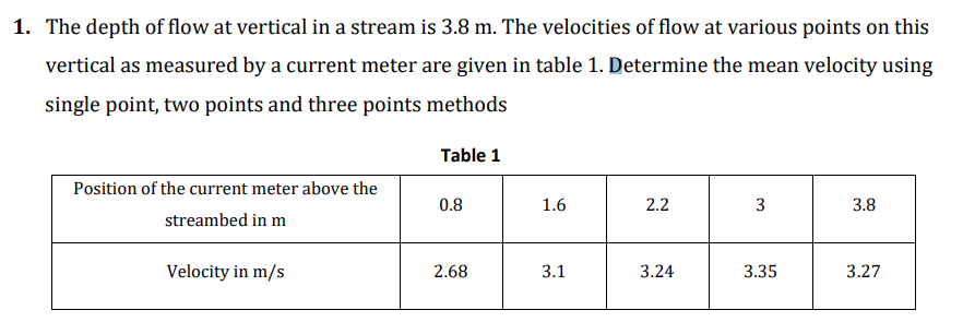 The depth of flow at vertical in a stream is 3 .