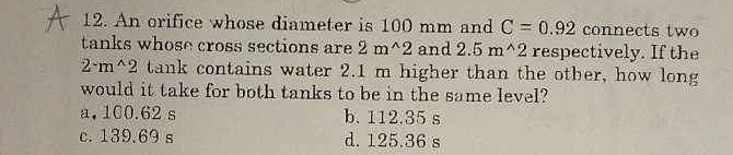 A 1 2 . An orifice whose diameter is 1 0 0 m m