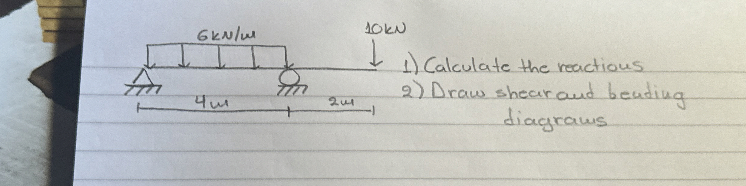 Calculate the reactions Draw shear and beating