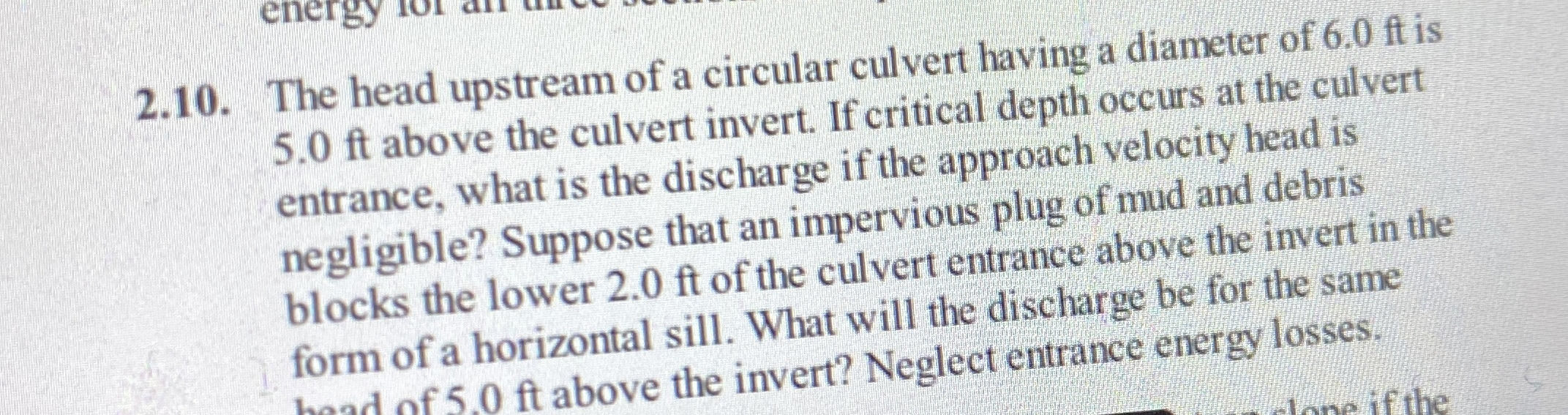 2 . 1 0 . The head upstream of a circular culvert