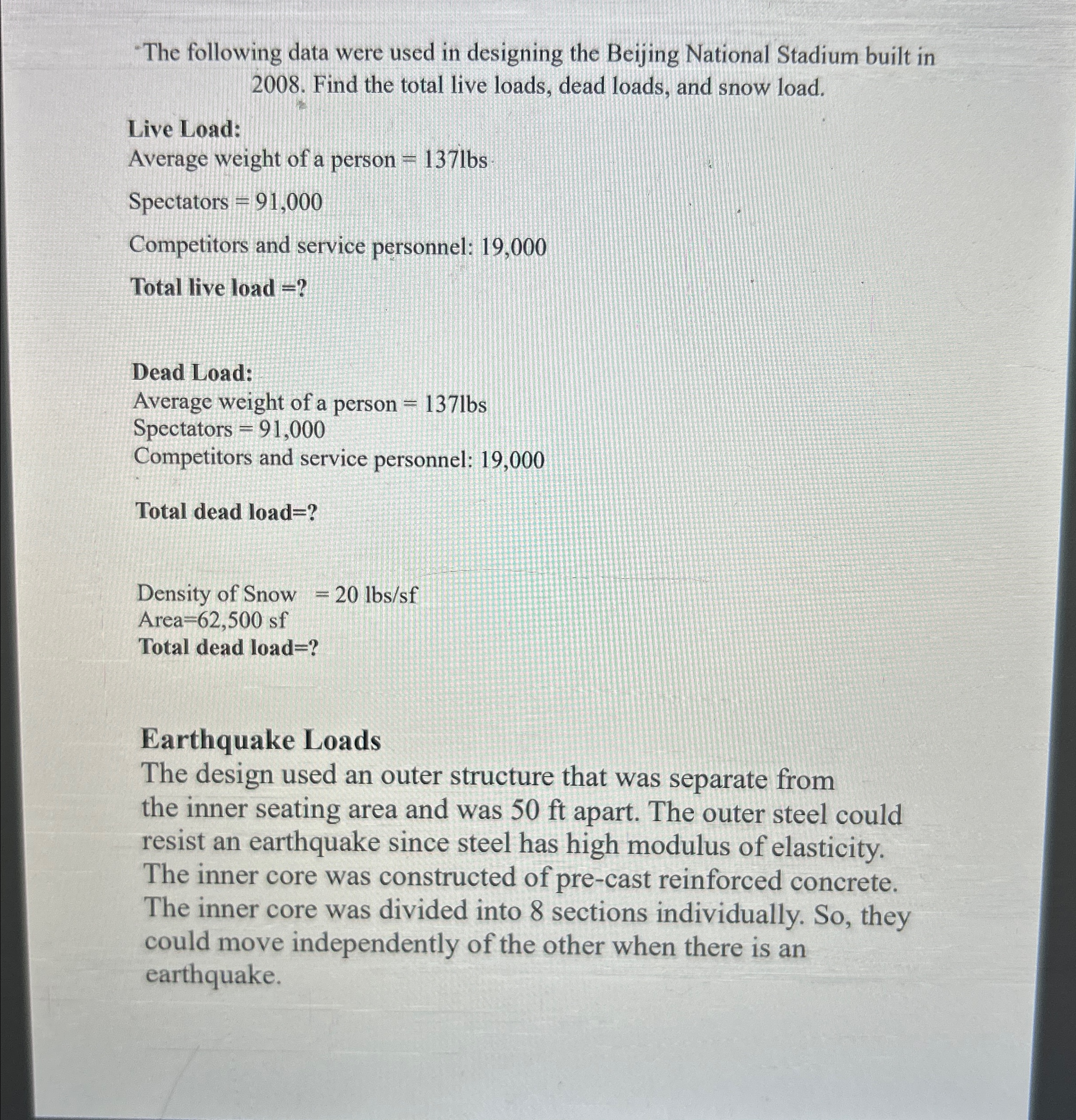 - The following data were used in designing the