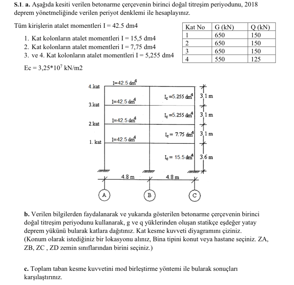 S . 1 . a . A a da kesiti verilen betonarme er