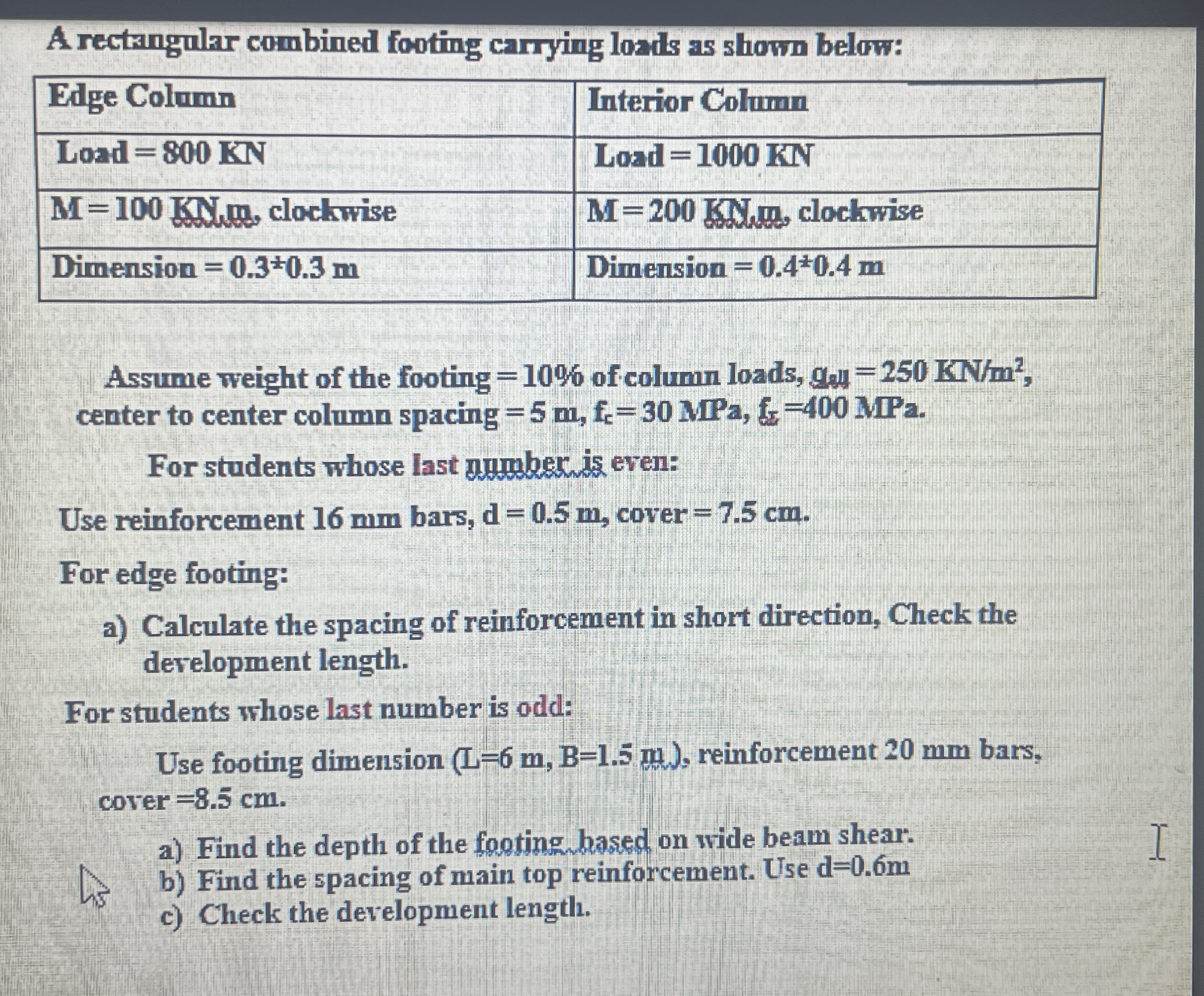 A rectangular combined footing carrying loads as