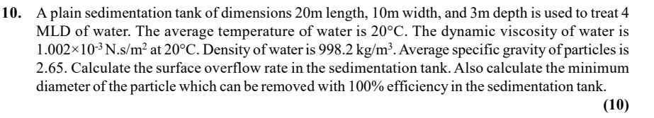 A plain sedimentation tank of dimensions 2 0 m