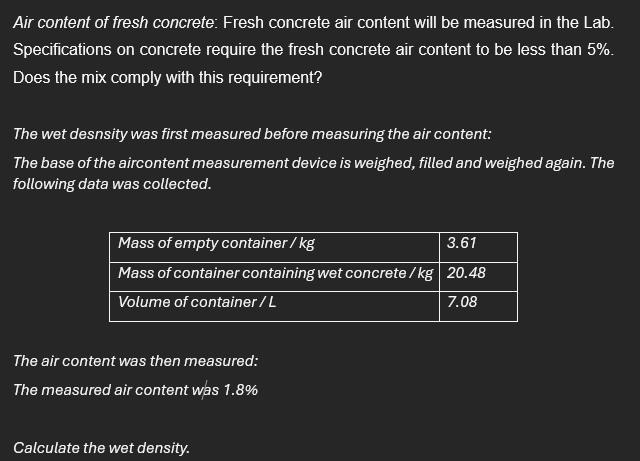 Air content of fresh concrete: Fresh concrete air