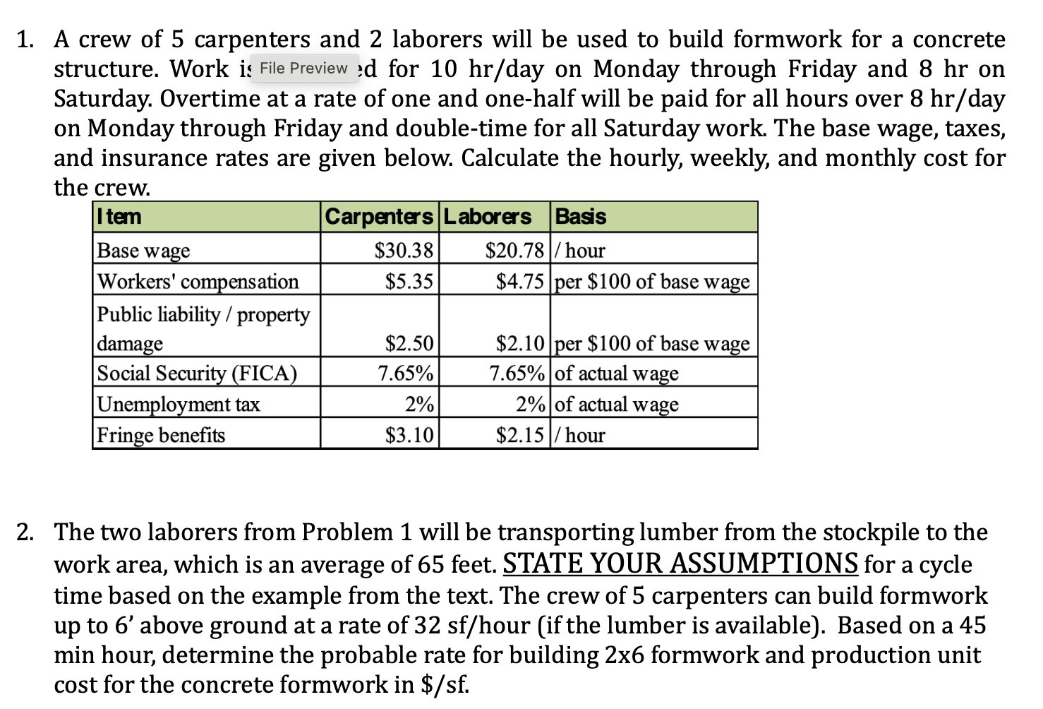 A crew of 5 carpenters and 2 laborers will be