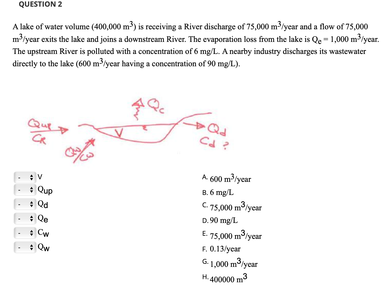 QUESTION 2 A lake of water volume ( 4 0 0 , 0 0 0