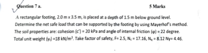 Question 7 a . 5 Marks A rectangular footing, 2 .