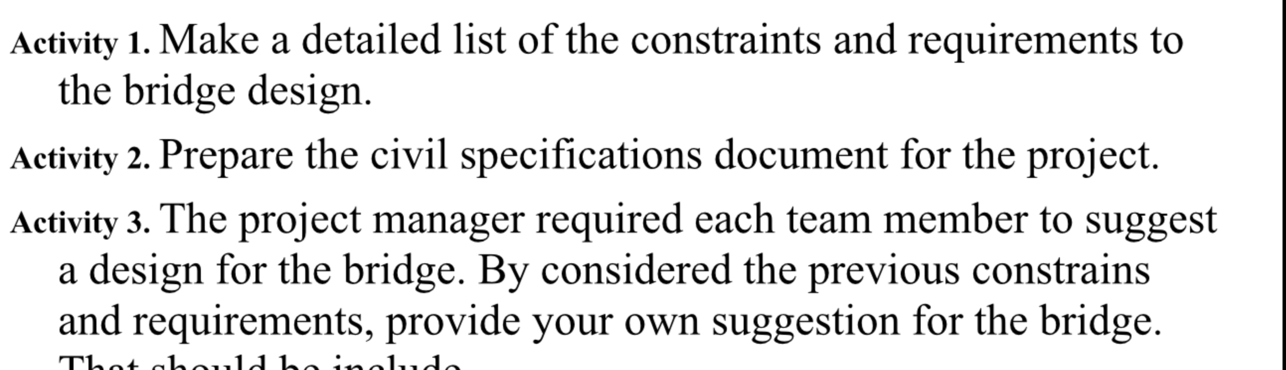 Activity 2 . Prepare the civil specifications