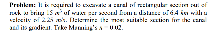 Problem: It is required to excavate a canal of