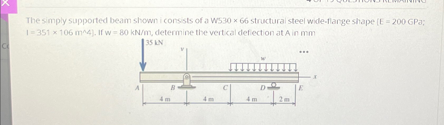 The simply supported beam shown i consists of a W